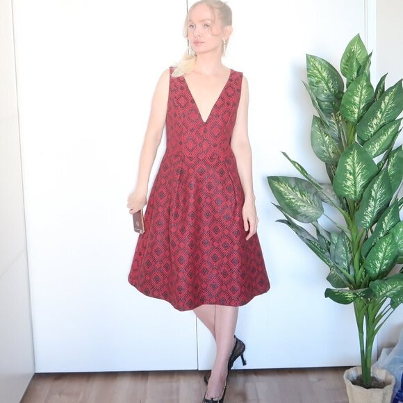 Anthropologie Hutch Red & Black Tweed V-neck Sleeveless Flare Midi Dress Size 8 - Picture 6 of 12